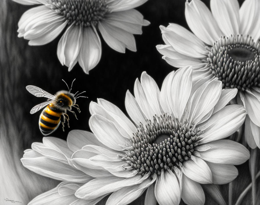 Monochrome floral picture with bee near blossom