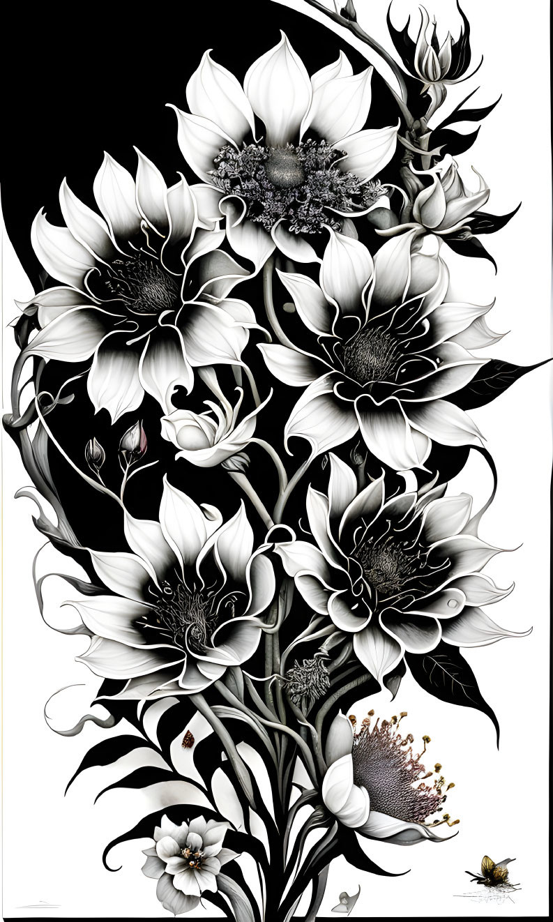 Monochromatic illustration of blooming flowers with white petals and dark leaves