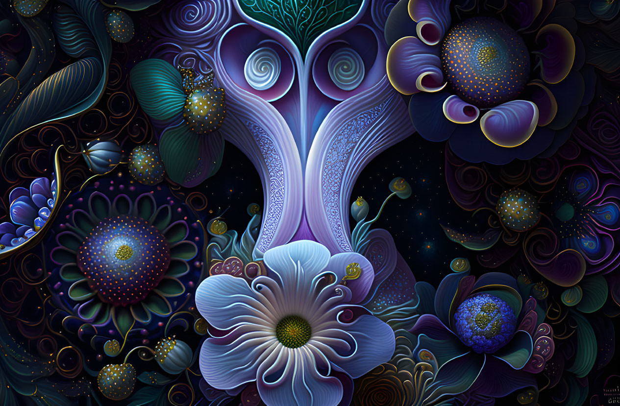 Surreal cosmic scene with floral and tree-like structures in vibrant digital artwork