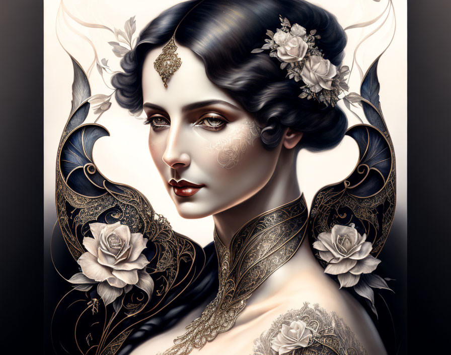 Vintage-inspired Woman Portrait with Roses and Golden Jewelry