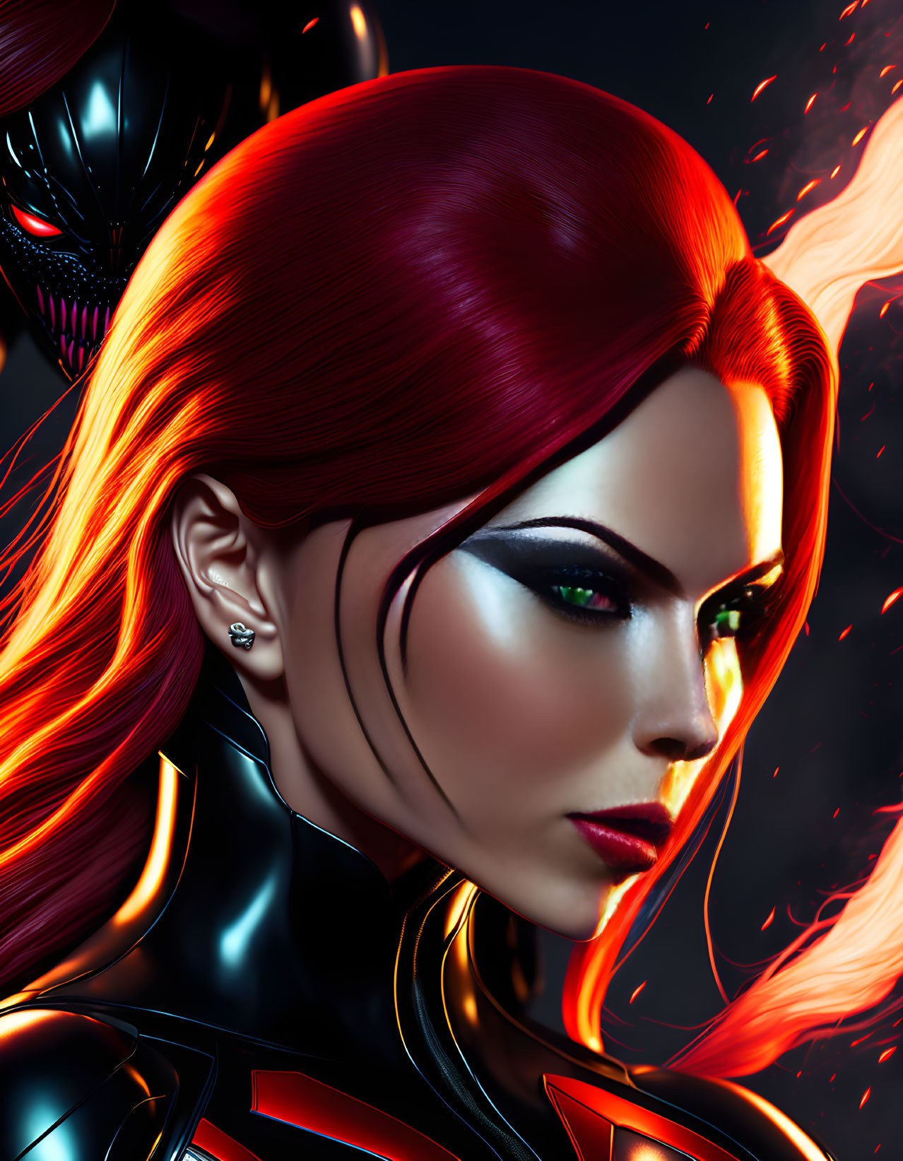 Digital artwork: Female superhero with red hair, black suit, intense gaze, fiery aura, dark figure