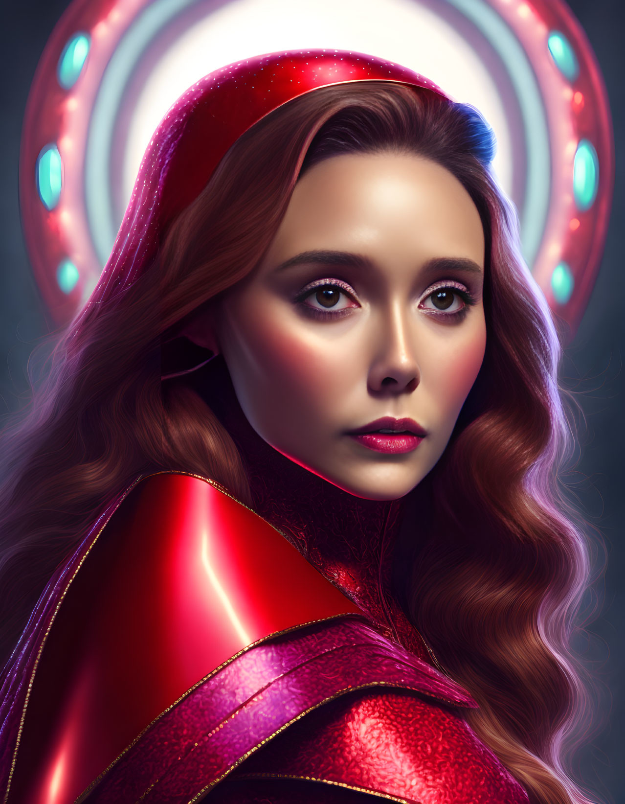 Woman with Long Wavy Hair in Red Futuristic Outfit Poses Against Glowing Circle