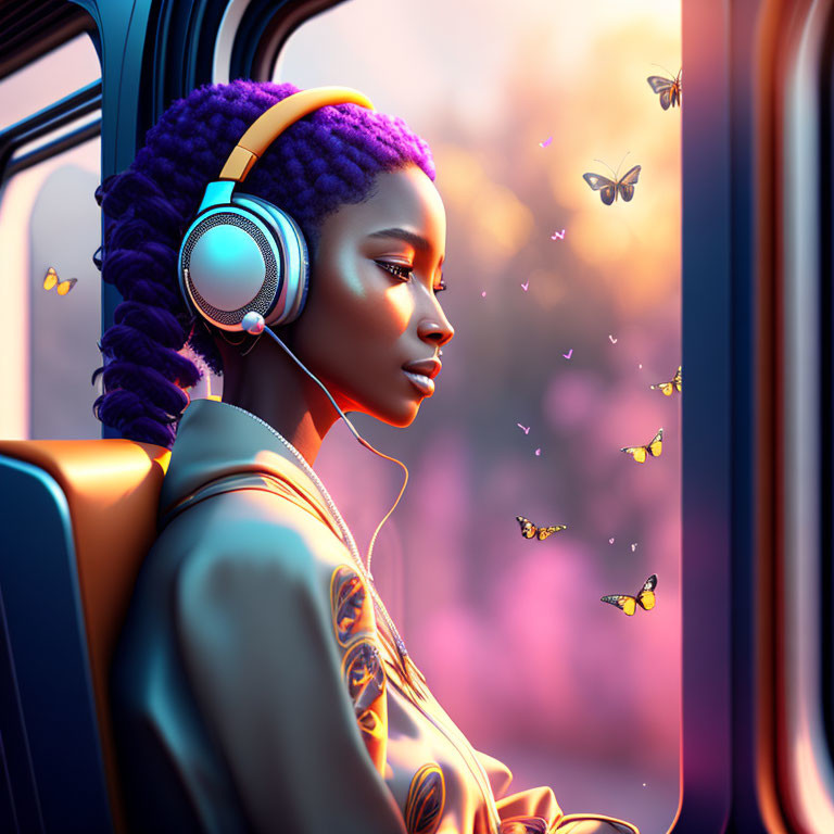 Woman with Purple Hair Listening to Music by Window with Butterflies