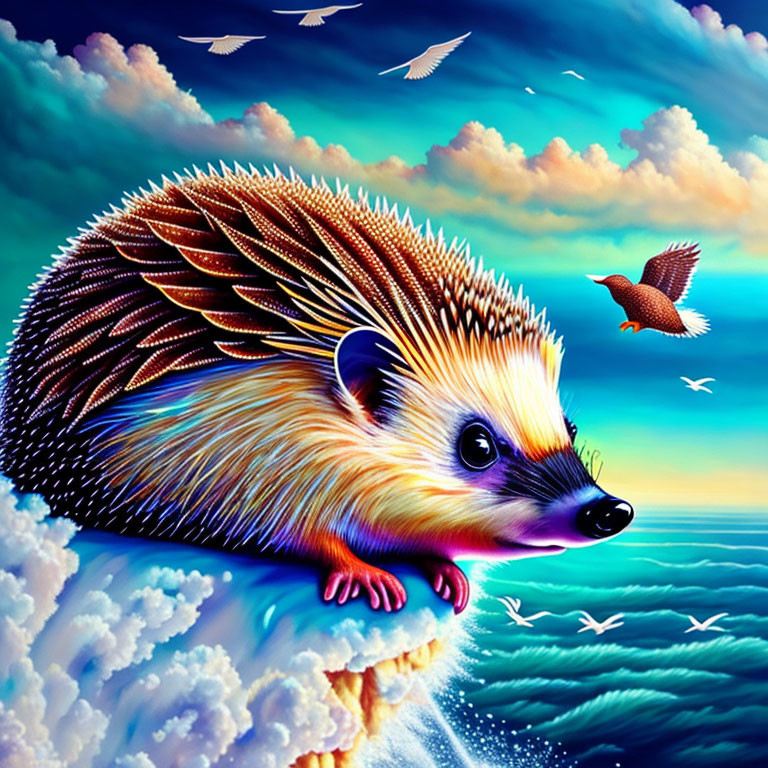 Colorful hedgehog on cloud with surreal sky backdrop