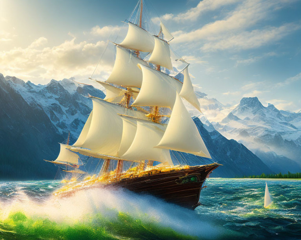 Majestic sailing ship on turbulent seas with dramatic mountain backdrop