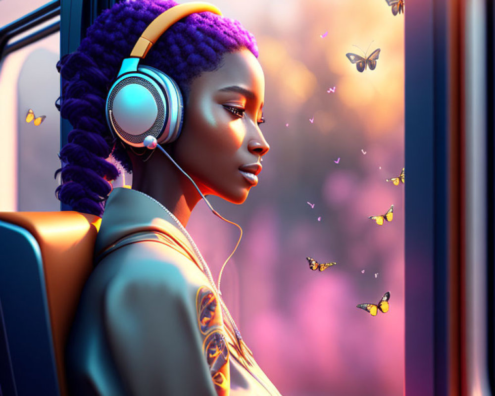 Woman with Purple Hair Listening to Music by Window with Butterflies