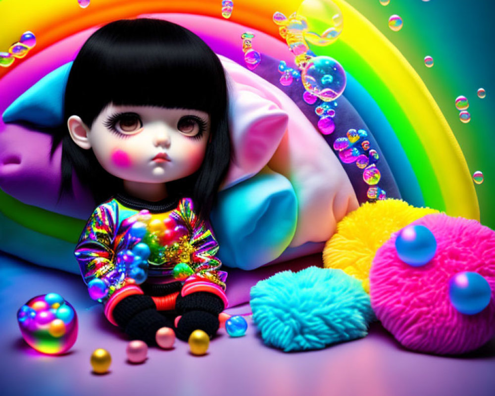 Colorful doll with black hair amidst vibrant pillows and whimsical objects on rainbow background