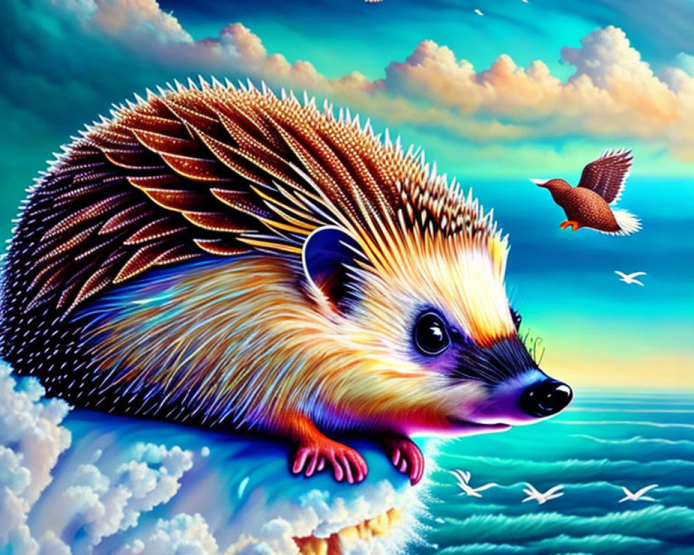 Colorful hedgehog on cloud with surreal sky backdrop