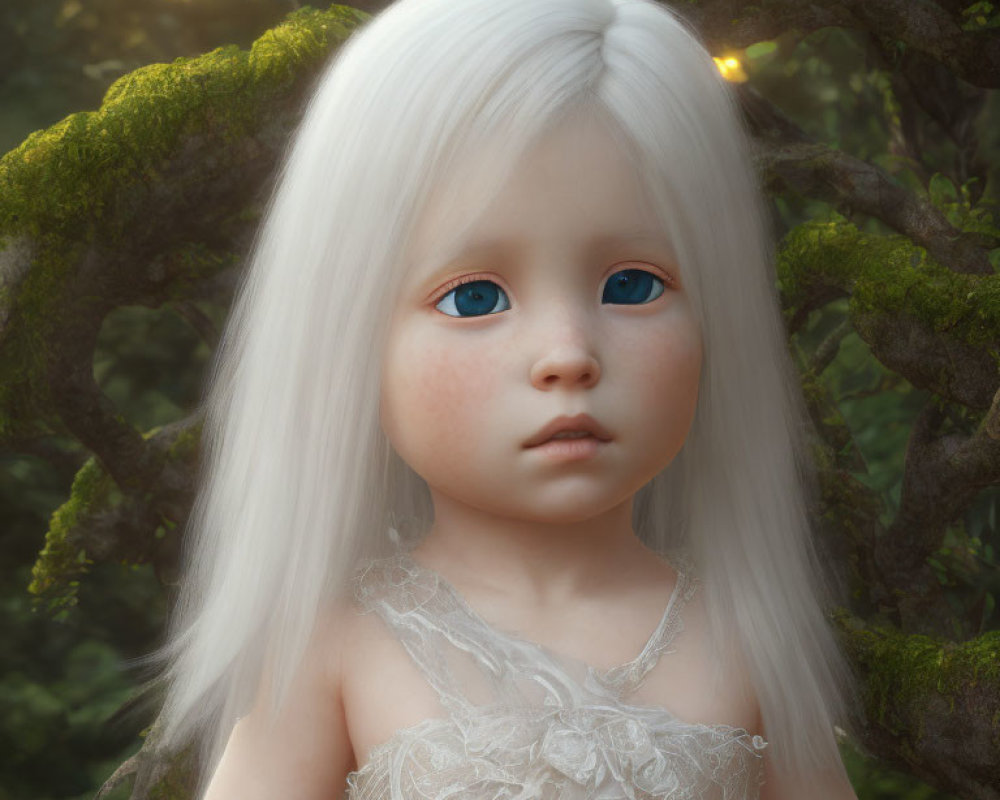 Digital artwork: Young girl with blue eyes, white hair, lace dress in mystical forest