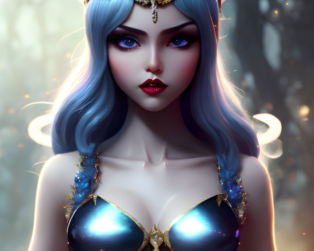 Fantasy female character with blue hair, golden headpiece, glowing ornaments