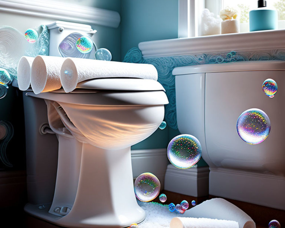 Whimsical bathroom scene with overflowing toilet paper and bubbles