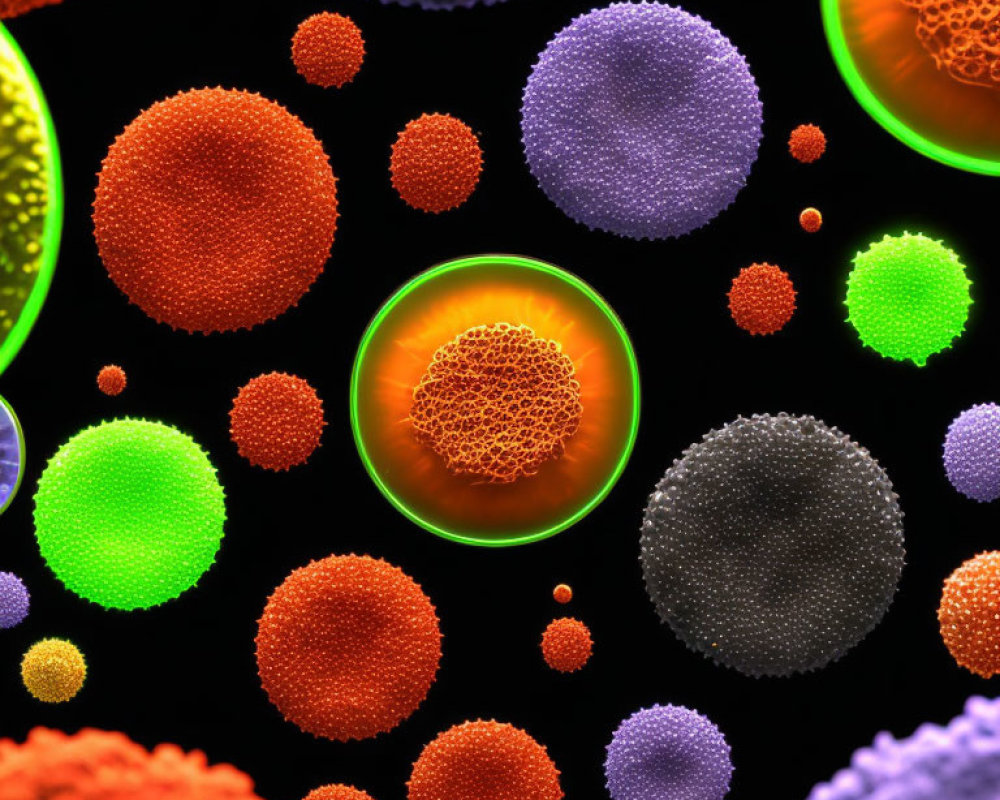 Vibrant spherical particles against black background, one glowing orange