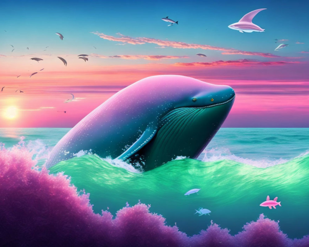 Vibrant Whale Breaching in Teal and Pink Waves at Sunset