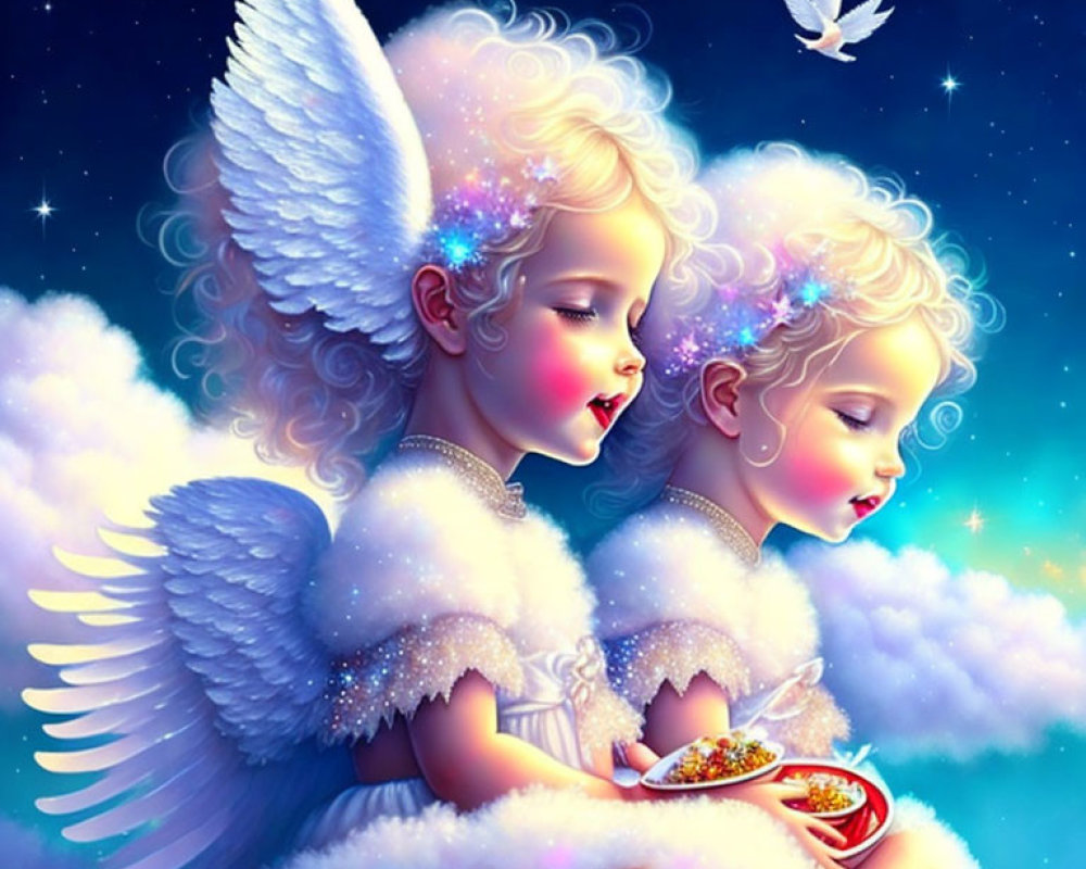 Angelic characters with wings and halos on clouds in starry sky