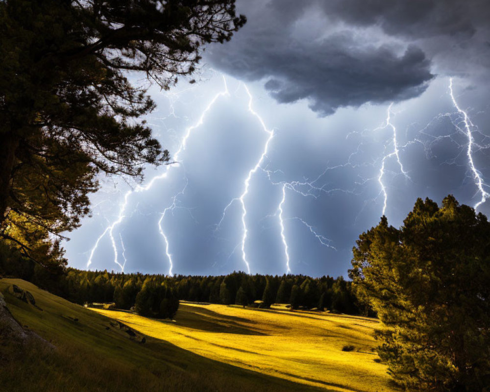 Dramatic landscape with lightning strikes over forest and field