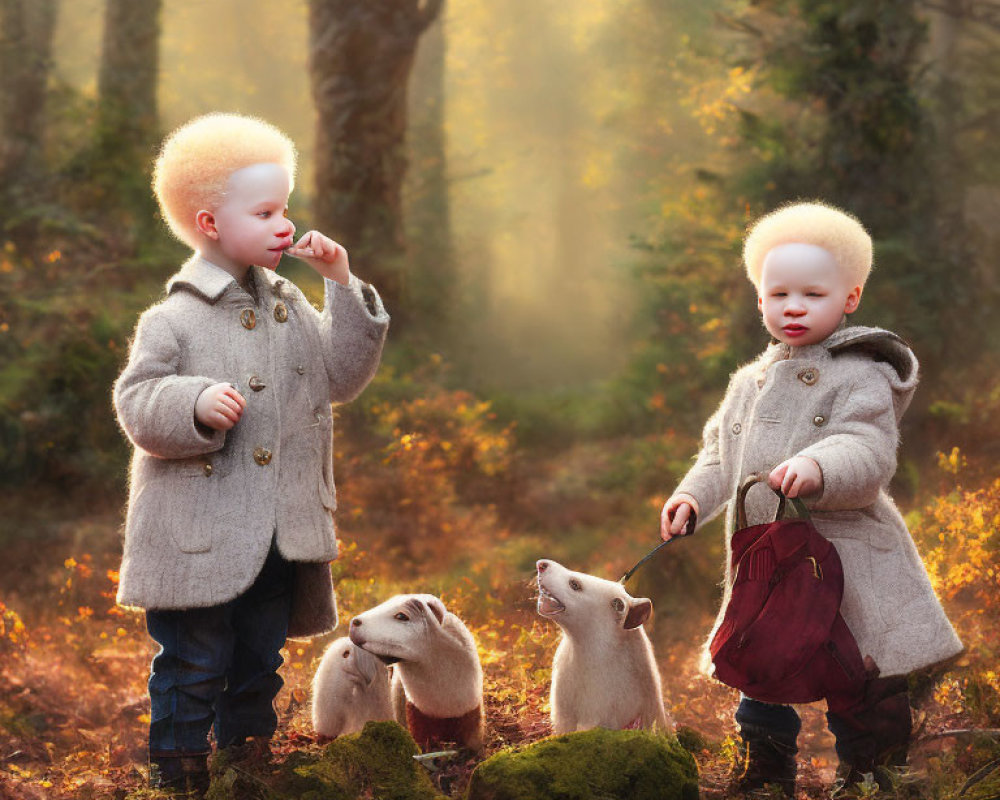 Children in forest with golden light, feeding squirrels among autumn leaves.