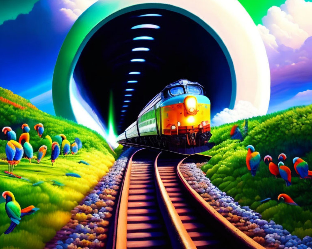 Colorful surreal artwork: Train emerging from tunnel into lush landscape with parrot-like birds