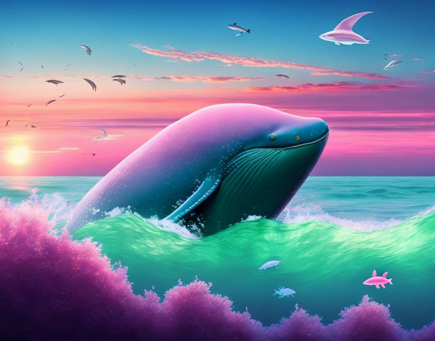 Vibrant Whale Breaching in Teal and Pink Waves at Sunset