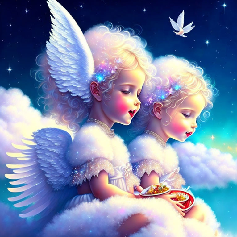 Angelic characters with wings and halos on clouds in starry sky