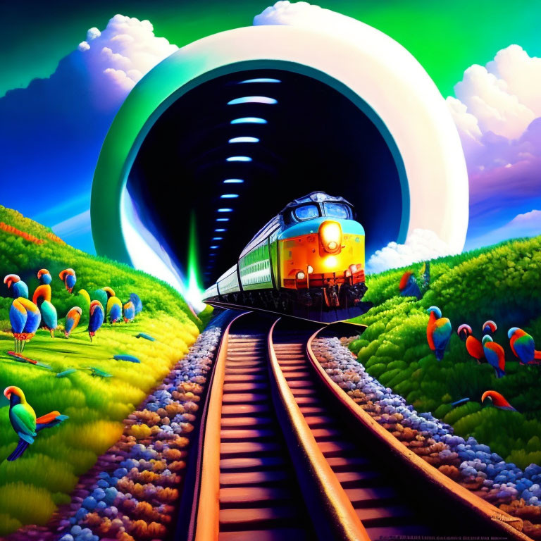 Colorful surreal artwork: Train emerging from tunnel into lush landscape with parrot-like birds