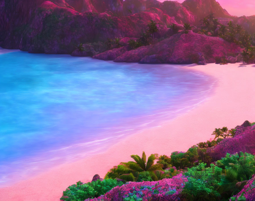 Tranquil Tropical Beach Sunset with Pink Sand and Blue Waters