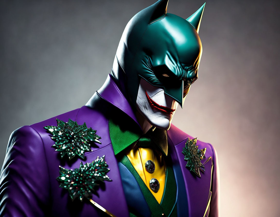 Character in Batman Mask in Joker-Themed Suit on Grey Background