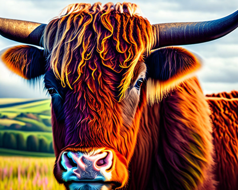 Vibrant digitally-enhanced Highland cow with orange fur in colorful field