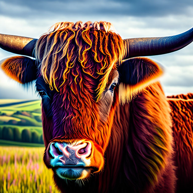 Vibrant digitally-enhanced Highland cow with orange fur in colorful field