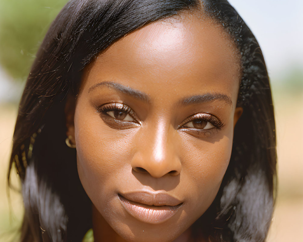 Portrait of woman with clear skin and dark hair against blurred background