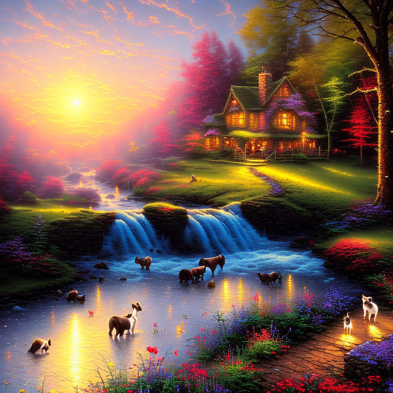 Scenic sunset landscape with cottage, vibrant trees, stream, horses, and pathway.