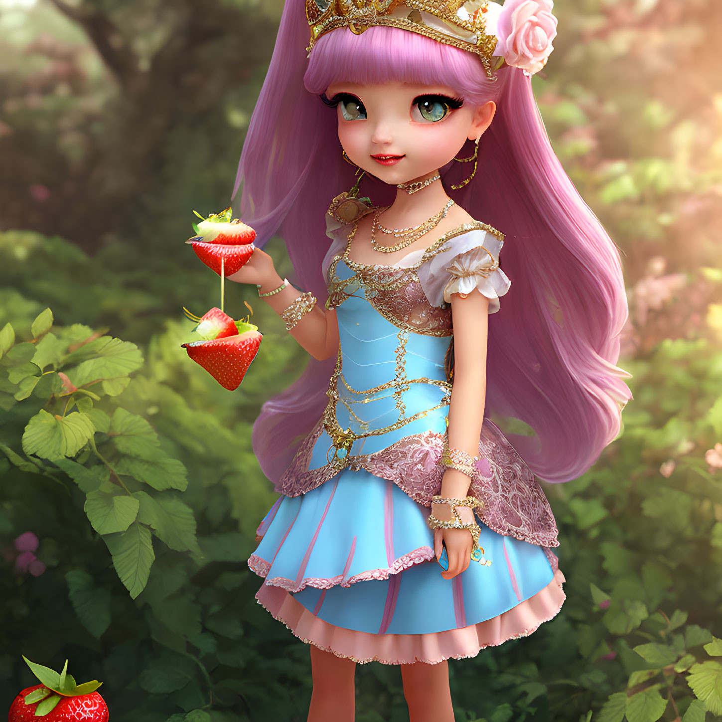 Purple-haired animated character in blue and white dress with gold accents holds strawberries in forest scene