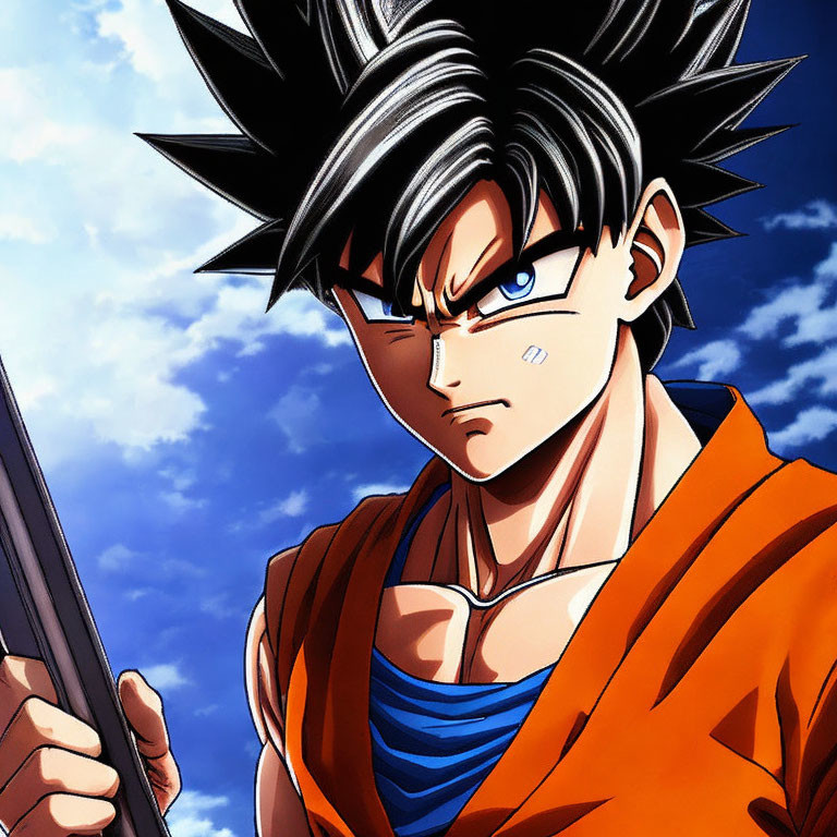 Spiky black-haired animated character in orange martial arts uniform against blue sky