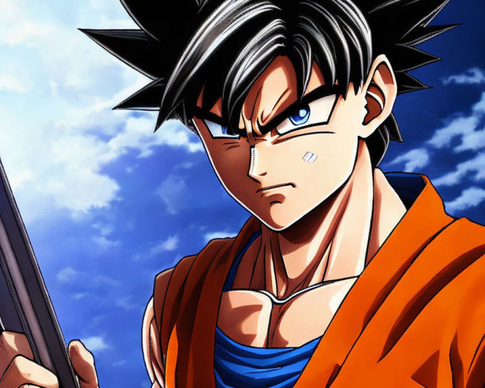 Spiky black-haired animated character in orange martial arts uniform against blue sky