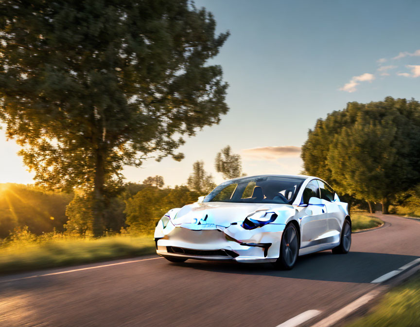 White Electric Car Speeding on Scenic Road with Trees and Sunlight