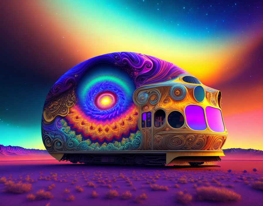 Colorful Snail-Shaped Train in Desert Twilight