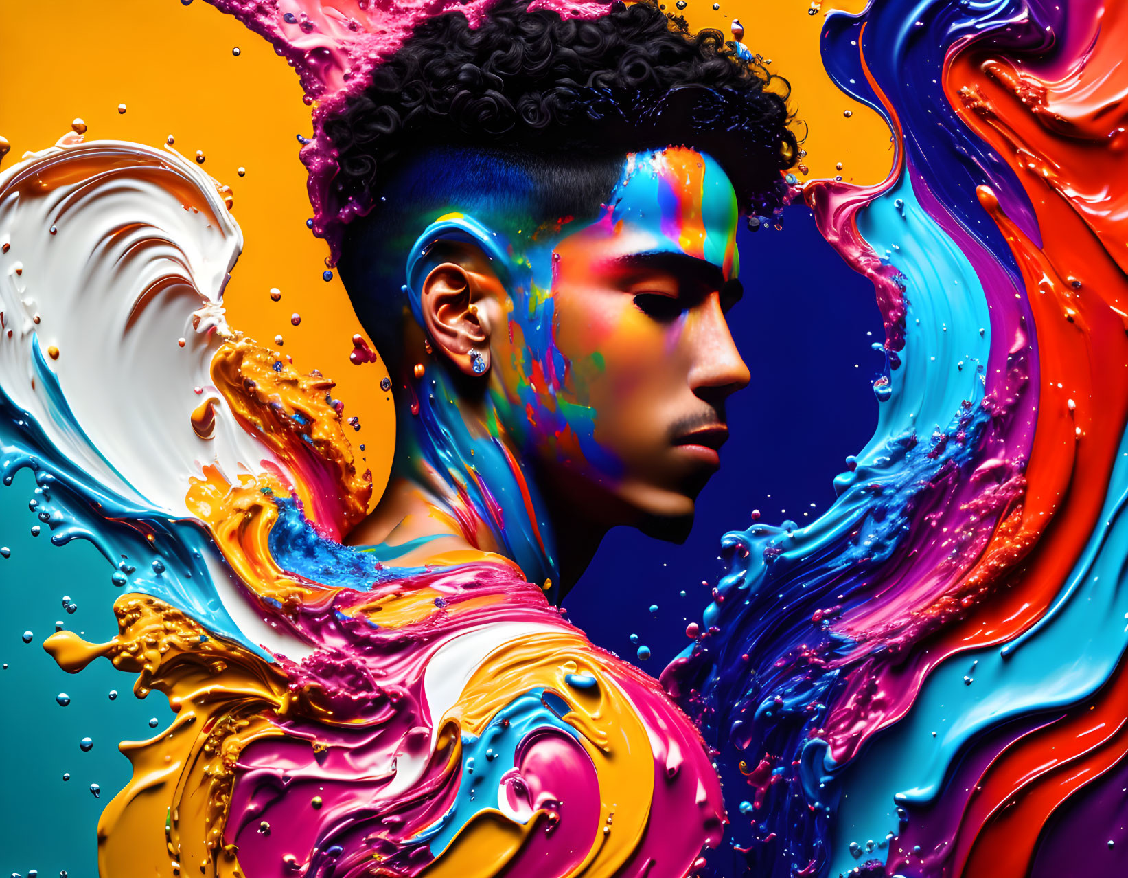 Colorful Paint Swirling Around Profile on Vibrant Background