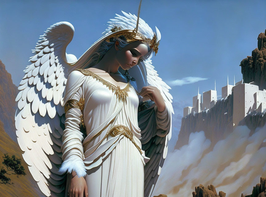 White-winged angel in flowing gown against futuristic city backdrop