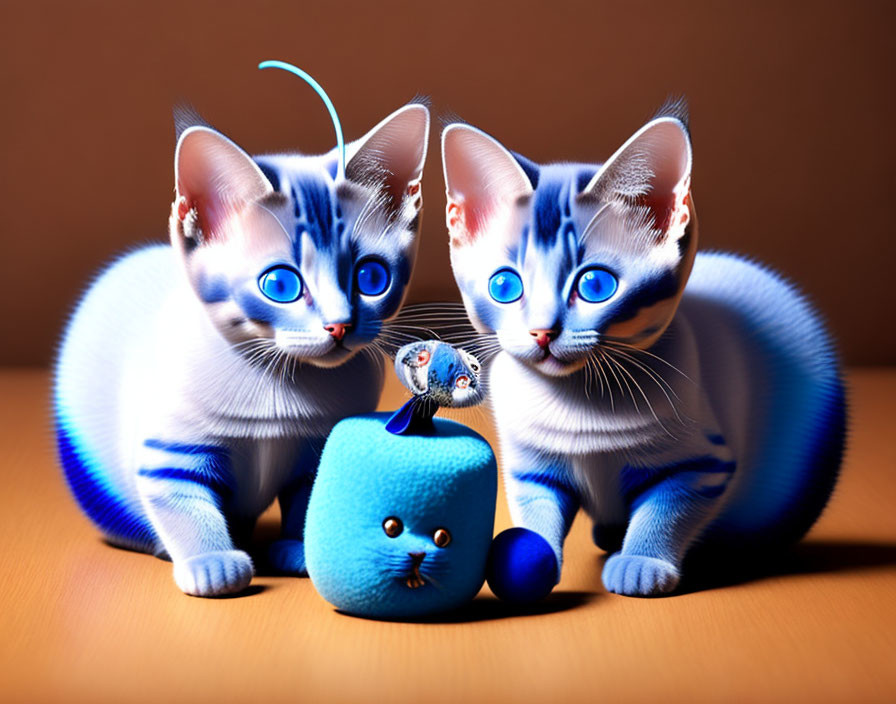 Blue-eyed kittens playing with a mouse toy on brown surface