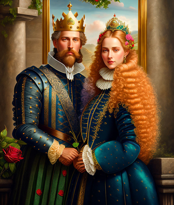 Royal King and Queen Portrait in Historical Attire with Castle Backdrop