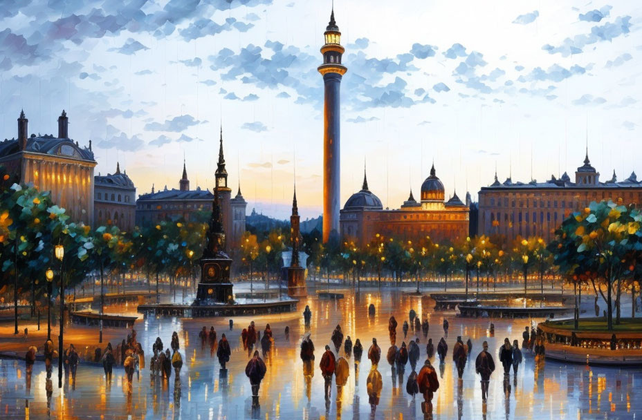 Impressionistic city plaza painting at dusk with tower, pedestrians, wet ground.