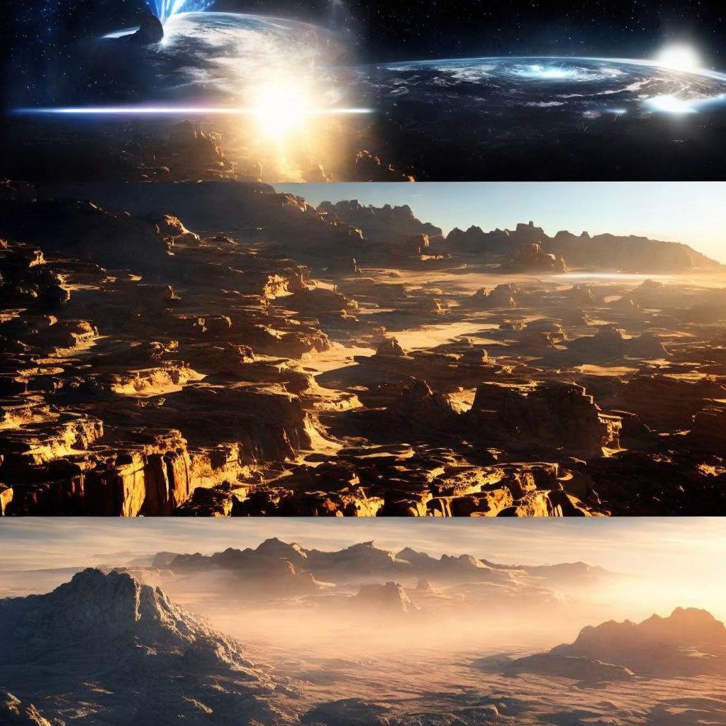 Sci-fi triptych: Distant Earth, barren planet, rocky desert, misty mountains.