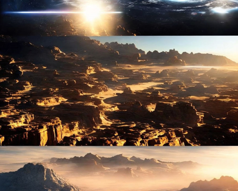 Sci-fi triptych: Distant Earth, barren planet, rocky desert, misty mountains.