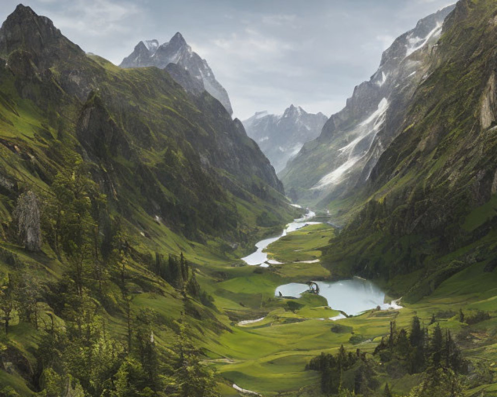 Serene mountain valley with lush meadows, river, and towering peaks