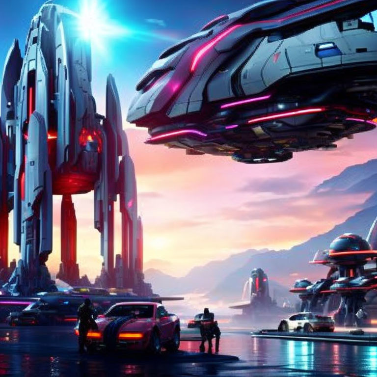 Futuristic cityscape at dusk with towering structures and advanced flying vehicles.