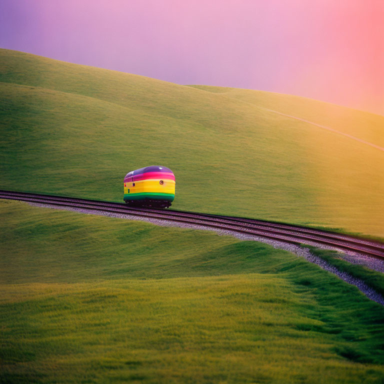 Colorful train on tracks through vibrant green hills under pink sky