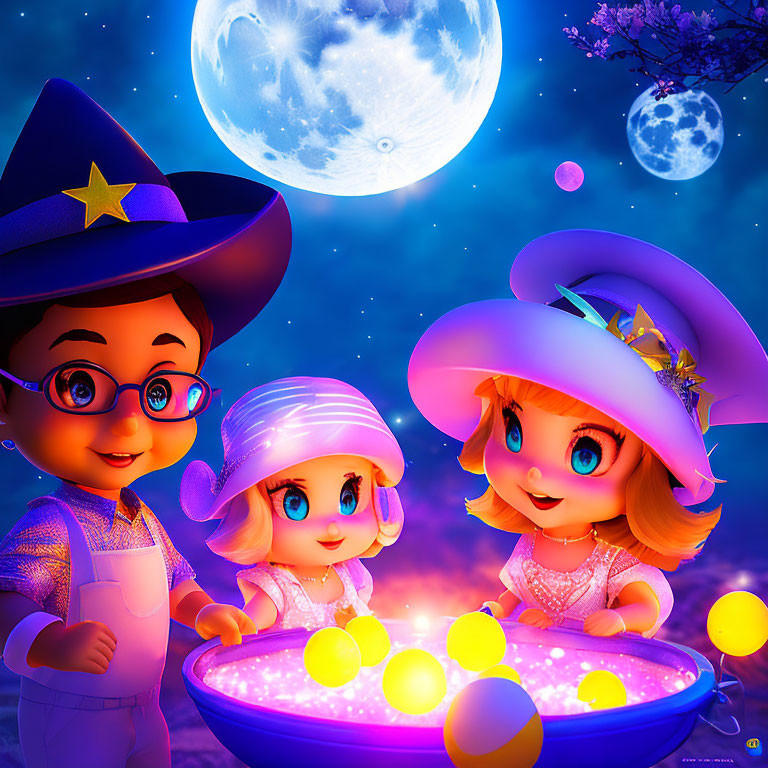 Animated characters in witch and wizard costumes by cauldron under starry night.