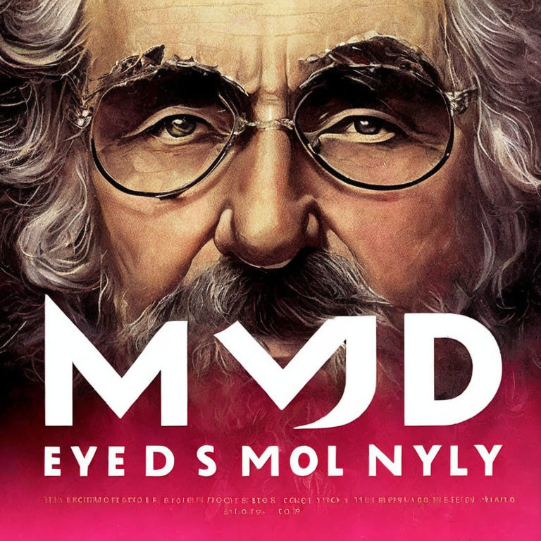 Man with White Beard and Hair in Glasses on Red Poster with "MVD" Letters