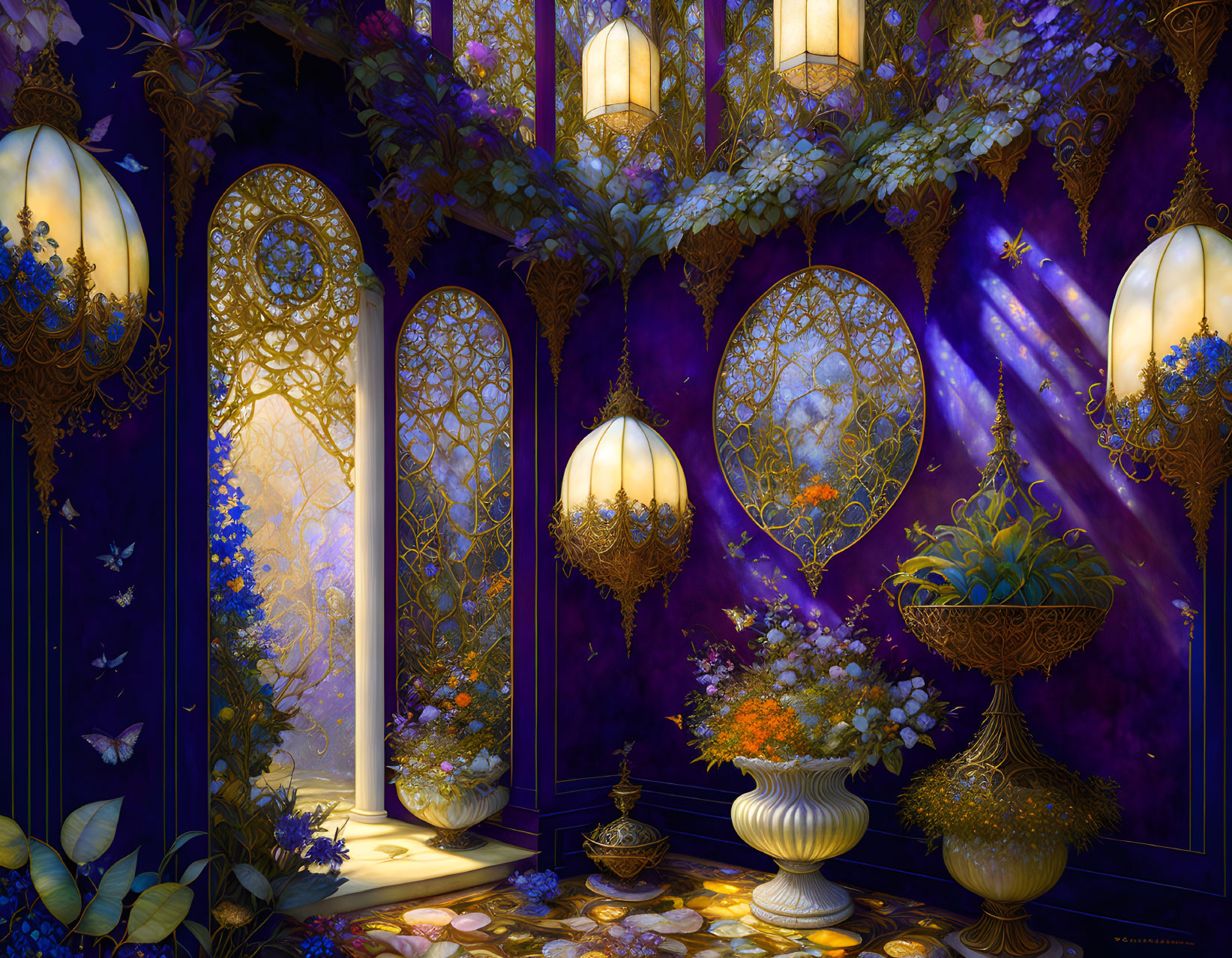 Luxurious Golden Room with Arched Windows and Purple Background