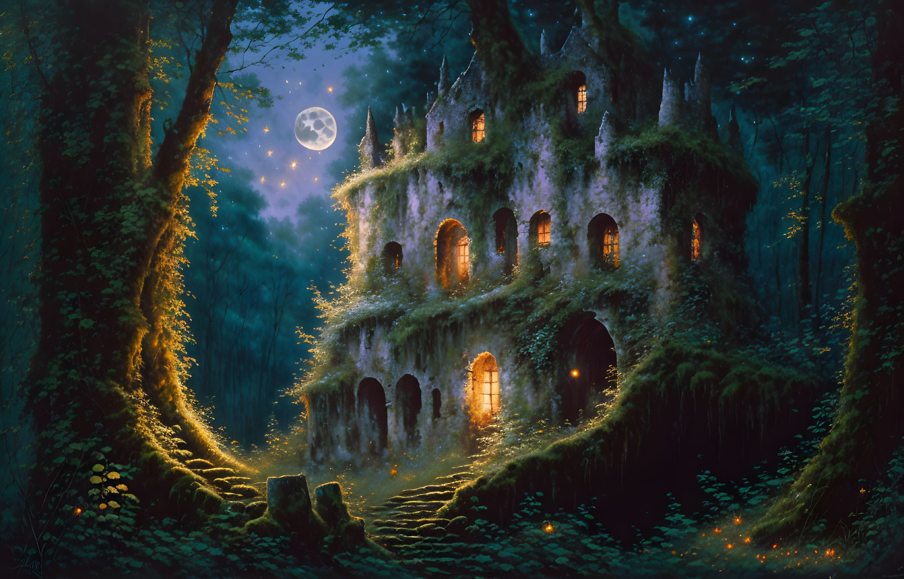 Moss-Covered Castle in Mystical Forest at Night