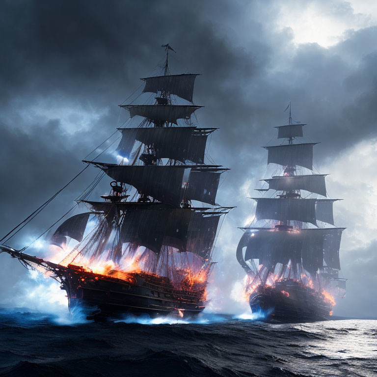 Two burning sailing ships on stormy sea.